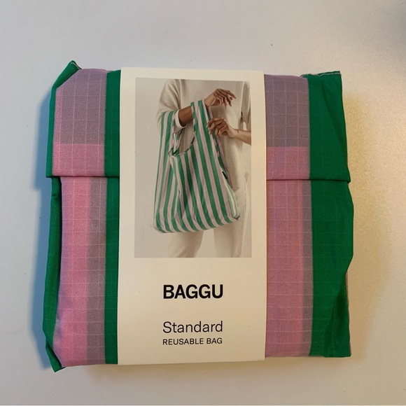 Baggu Standard Reusable Tote Bag Pink Green Awning Stripe Brand New - Picture 2 of 3